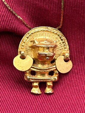 Gold-Plated Aztec-Style Warrior Pendant Necklace